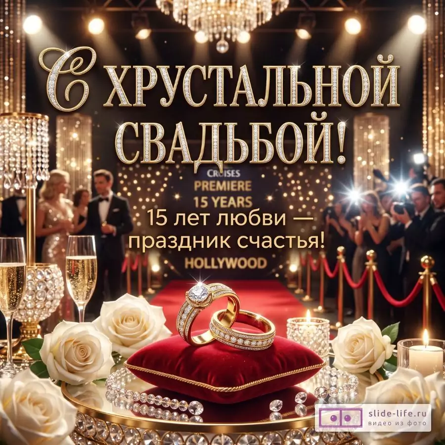 Красивая открытка с хрустальной свадьбой на 15 лет совместной жизни