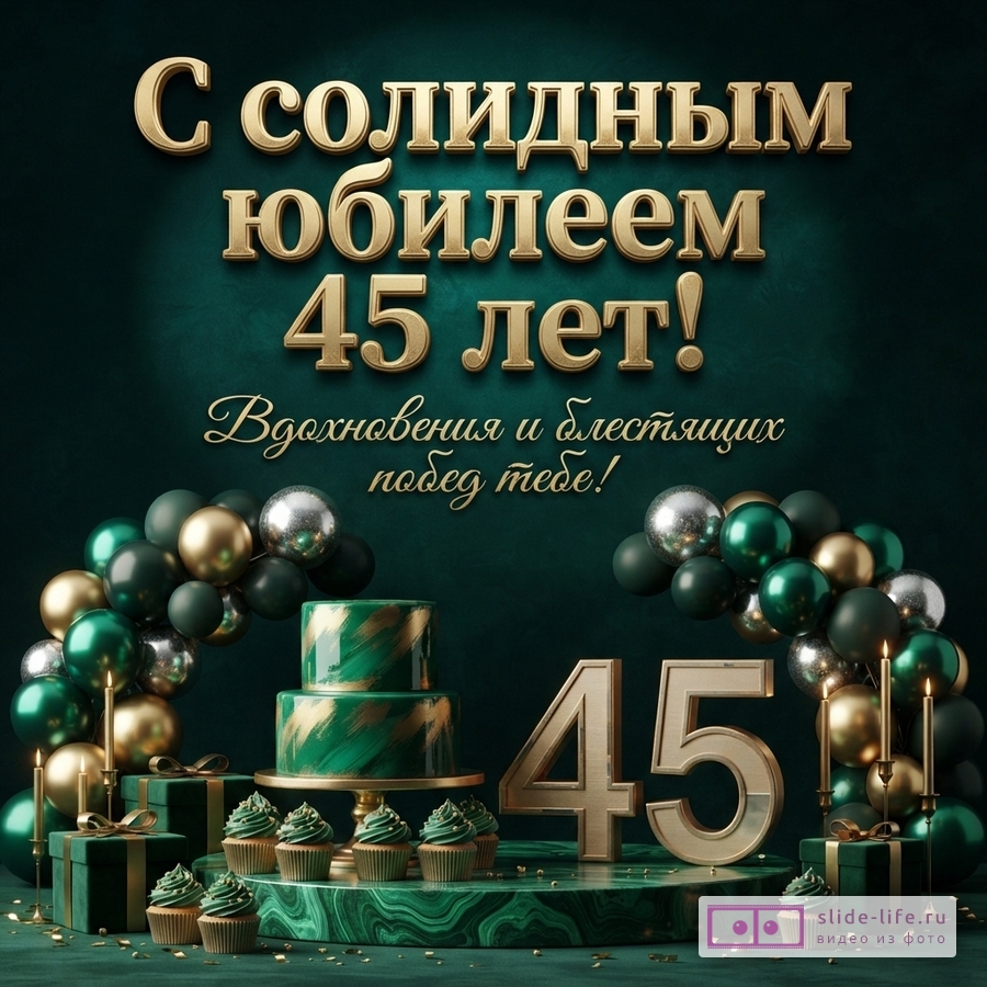 Открытка на темно-зеленом фоне с золотыми буквами «С солидным юбилеем 45 лет! Вдохновения и блестящих побед тебе!». Внизу золотые цифры «45», торт, кексы, подарки и шары в зеленых и золотых тонах.