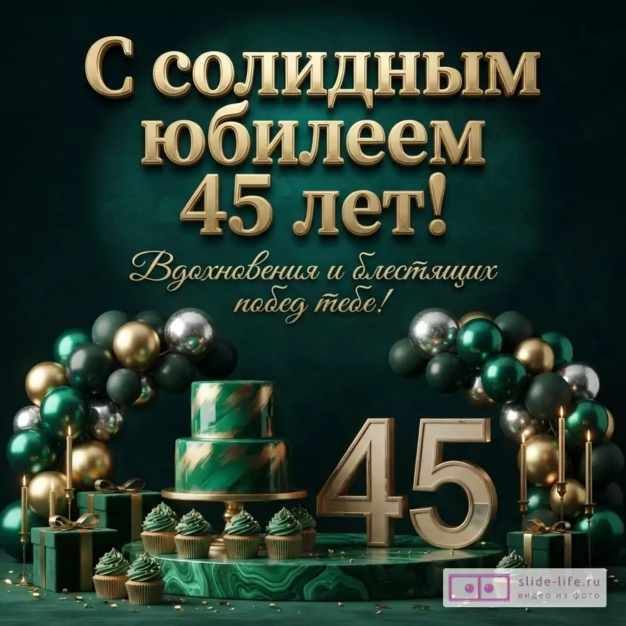 Открытка на темно-зеленом фоне с золотыми буквами «С солидным юбилеем 45 лет! Вдохновения и блестящих побед тебе!». Внизу золотые цифры «45», торт, кексы, подарки и шары в зеленых и золотых тонах.