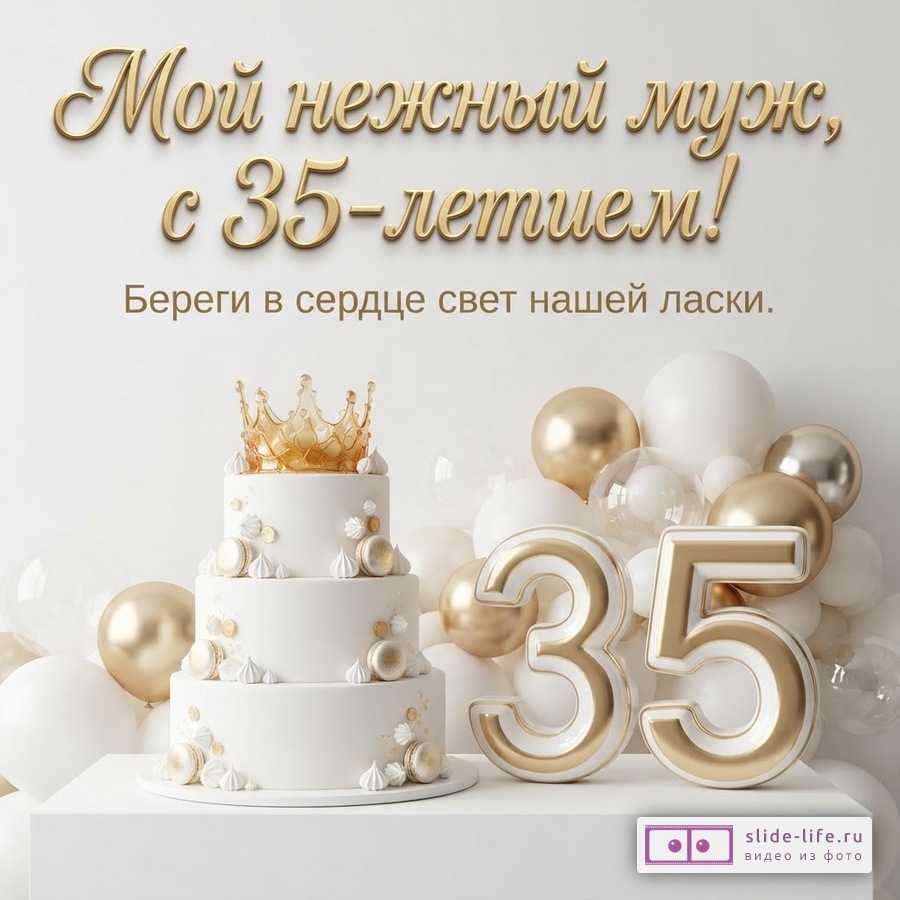 Светло-серая открытка с бело-золотым тортом, шарами и цифрами 35. Текст: «Мой нежный муж, с 35-летием! Береги в сердце свет нашей ласки.»