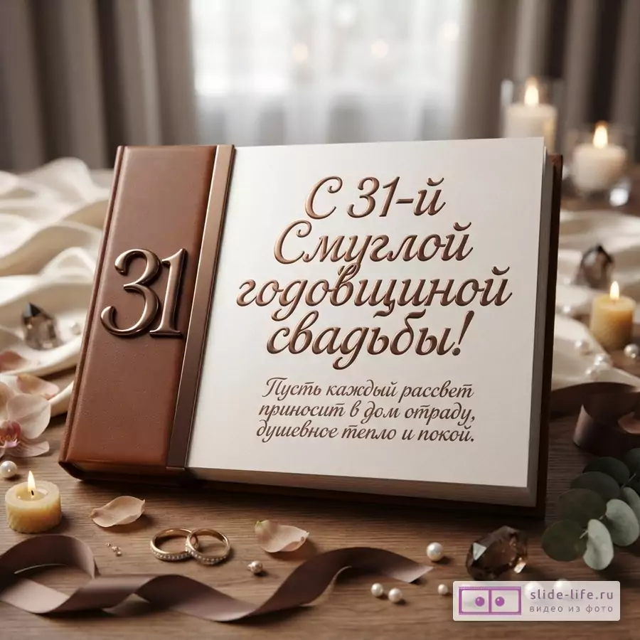 Теплая свадебная открытка с книгой, свечами, цветами и текстом «С 31-й Смуглой годовщиной свадьбы! Пусть каждый рассвет приносит в дом отраду, душевное тепло и покой.»