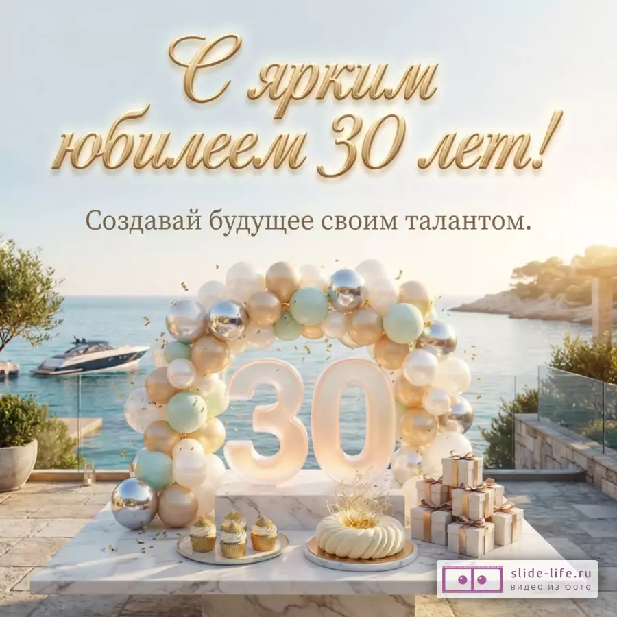 Морской пейзаж с террасой, светящаяся цифра 30 в арке из воздушных шаров, десерты и надпись «С ярким юбилеем 30 лет! Создавай будущее своим талантом.»