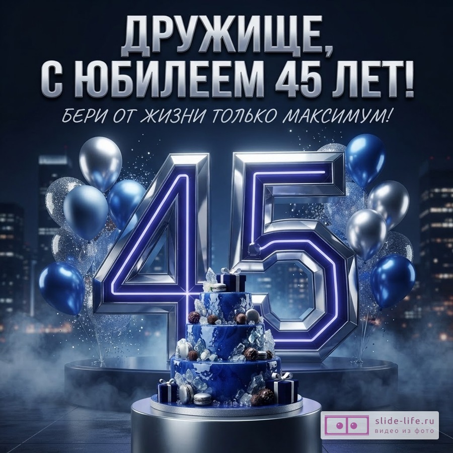 Открытка с юбилеем 45 лет. На темно-синем фоне с городским пейзажем объемные цифры «45» с неоновой подсветкой. Рядом с цифрами синие и серебряные воздушные шары. Внизу синий многоярусный торт. Текст: «ДРУЖИЩЕ, С ЮБИЛЕЕМ 45 ЛЕТ! БЕРИ ОТ ЖИЗНИ ТОЛЬКО МАКСИМУМ!»