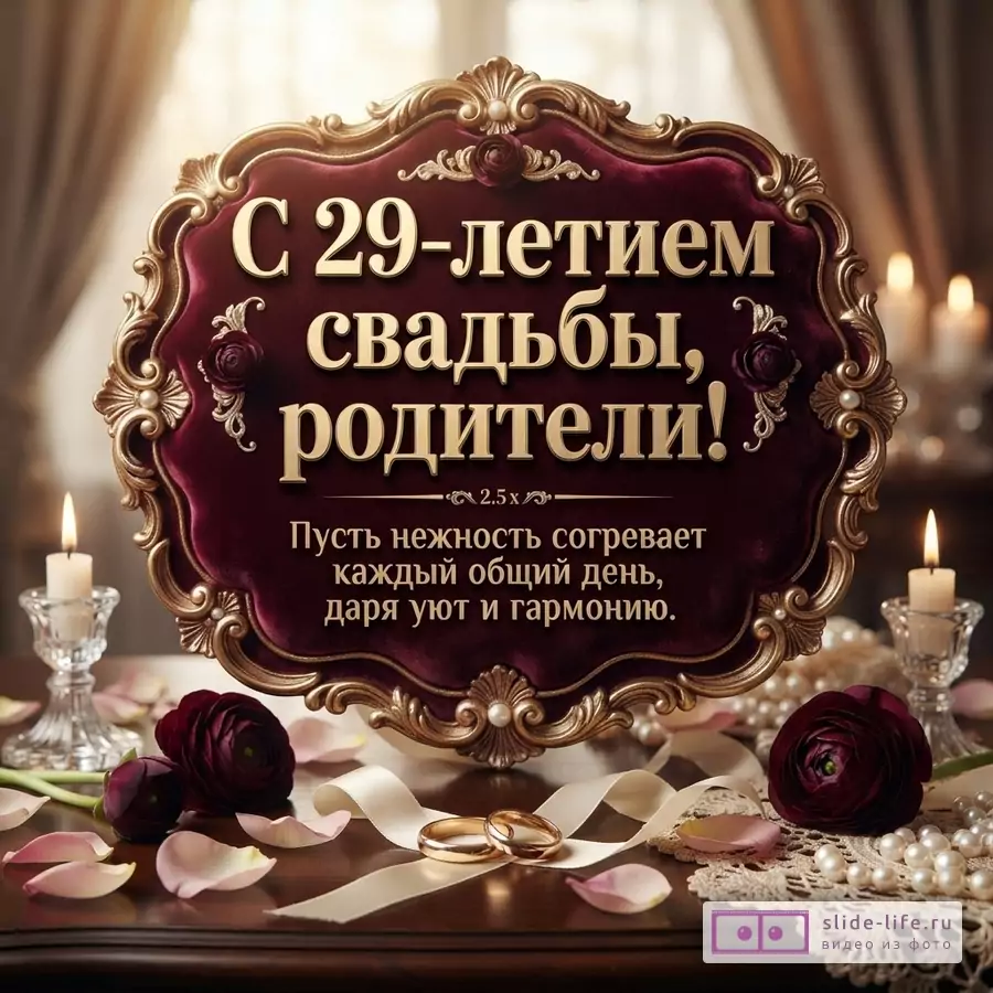 Открытка с бордовым бархатным фоном в золотой рамке, свечи, цветы, обручальные кольца. Текст: «С 29-летием свадьбы, родители! Пусть нежность согревает каждый общий день, даря уют и гармонию.»
