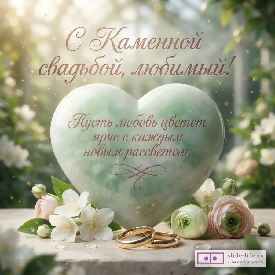 Открытка с Каменной свадьбой. На переднем плане два золотых кольца, белые и розовые цветы. На заднем плане зеленое сердце с надписью «С Каменной свадьбой, любимый! Пусть любовь цветет ярче с каждым новым рассветом.»