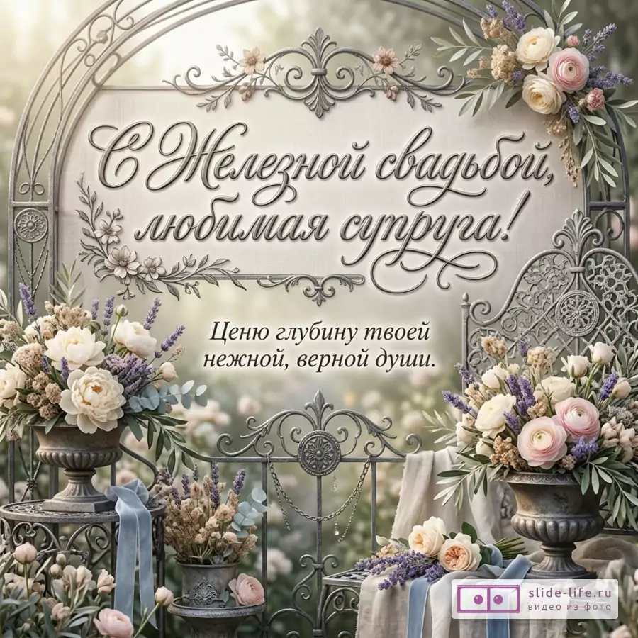 Кованая арка и садовая скамья, цветочные композиции в вазонах, светлый бежево-зеленый фон, текст «С Железной свадьбой, любимая супруга! Ценю глубину твоей нежной, верной души.»