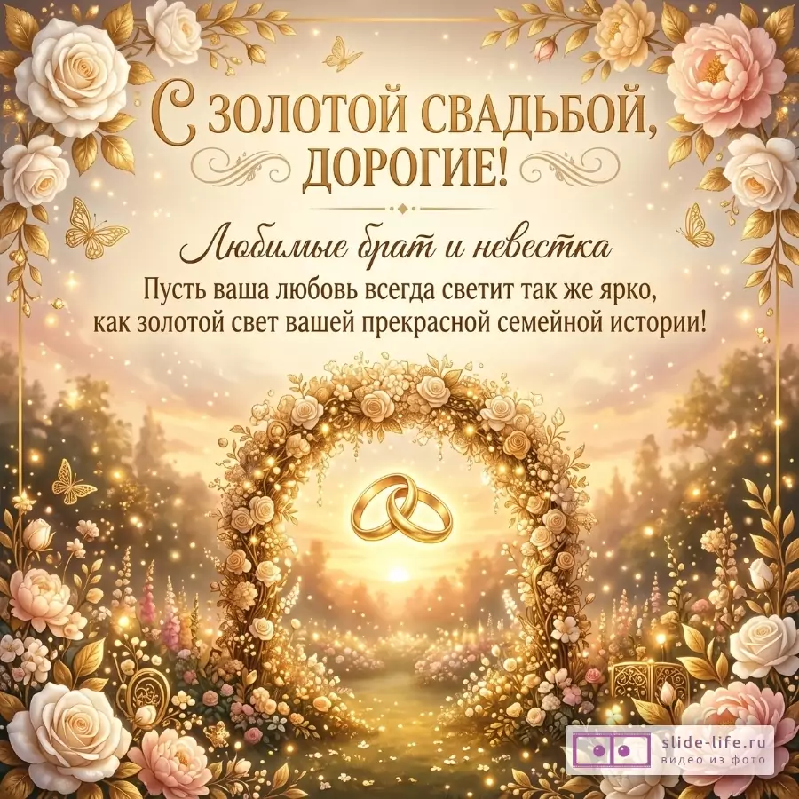Бежево-золотой фон, цветочный венок, два кольца. Текст: «С золотой свадьбой, дорогие!», «Любимые брат и невестка», поздравление с юбилеем.