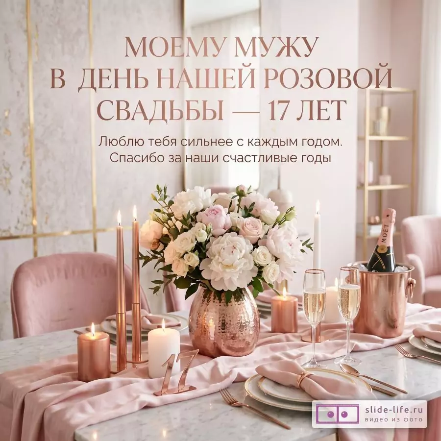 Розовый праздничный стол с цветами, свечами, бокалами и шампанским; фон светло-бежевый. Текст: «МОЕМУ МУЖУ В ДЕНЬ НАШЕЙ РОЗОВОЙ СВАДЬБЫ — 17 ЛЕТ» «Люблю тебя сильнее с каждым годом. Спасибо за наши счастливые годы»