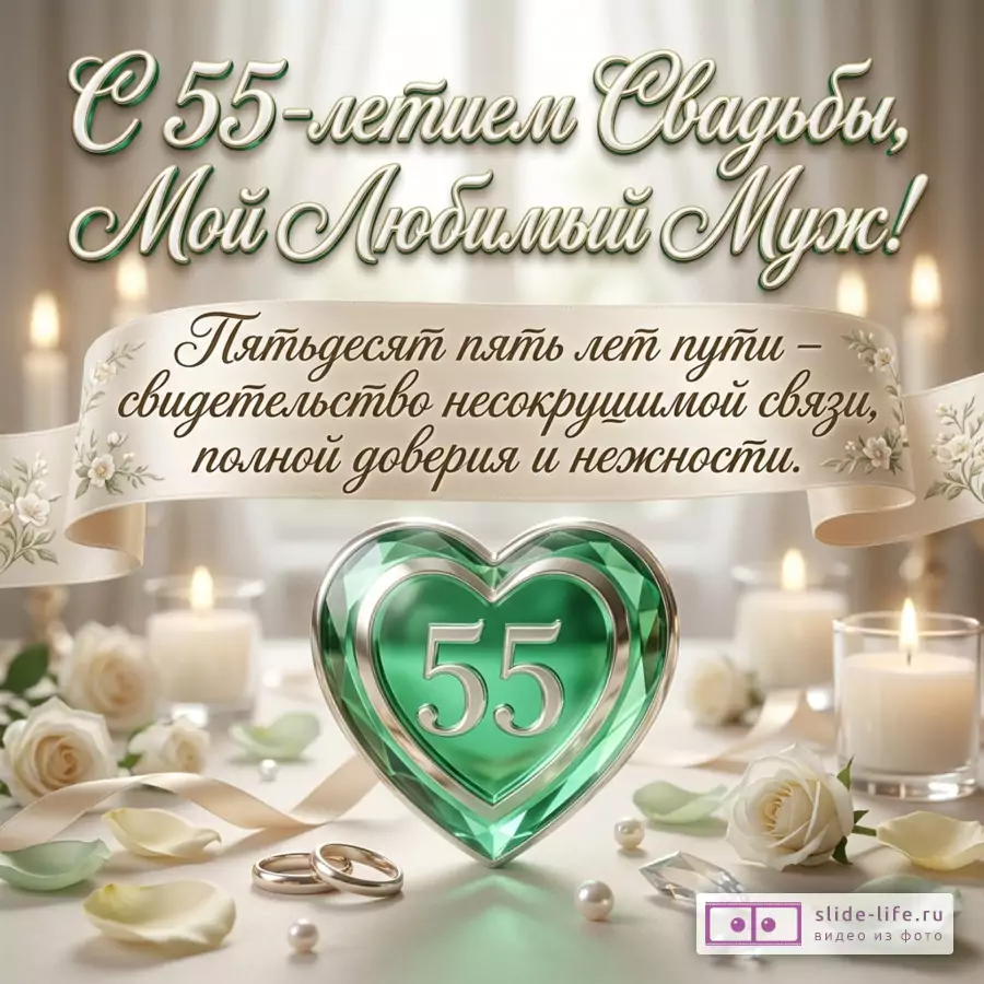 Бежевая открытка с зелёным сердцем «55», белыми розами, свечами, обручальными кольцами, жемчугом, лепестками и лентой с текстом «С 55-летием Свадьбы, Мой Любимый Муж!»