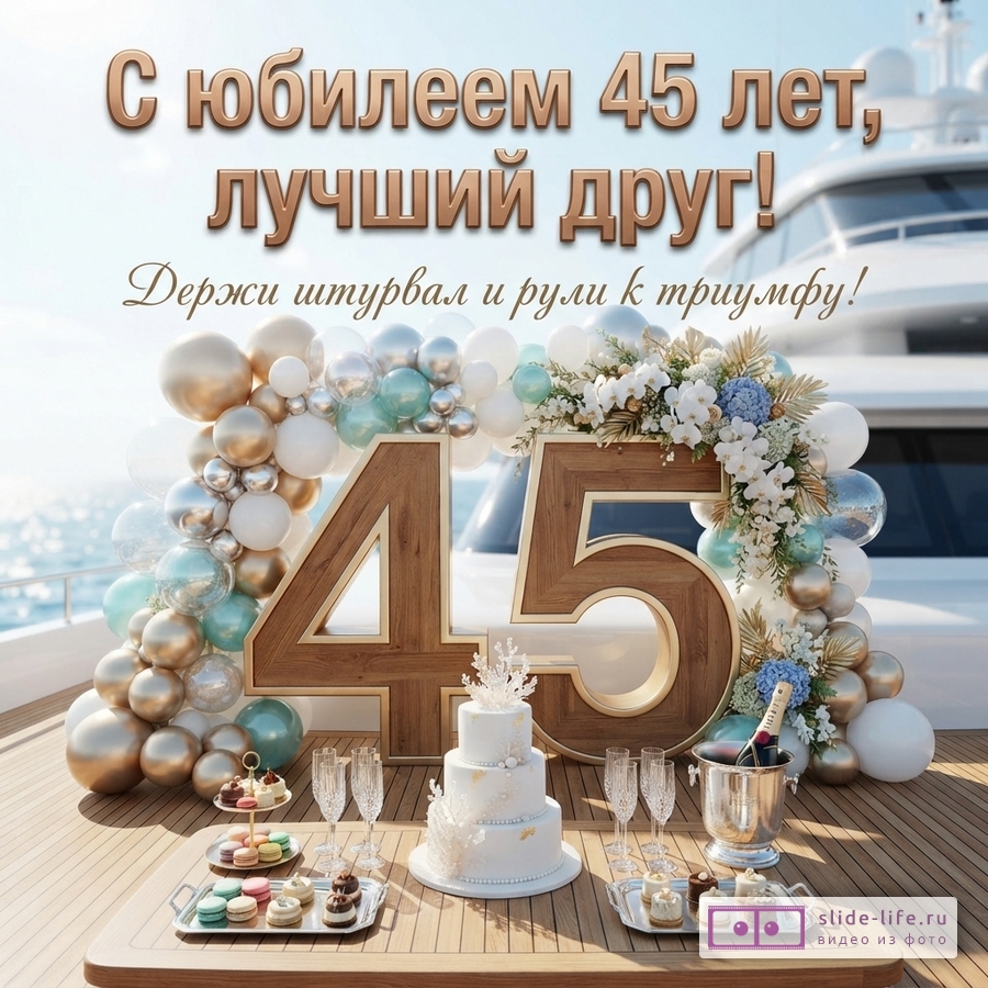 Открытка с юбилеем 45 лет другу. На фоне яхты золотые и серебряные шары, цифры 45, торт, десерты. Текст: «С юбилеем 45 лет, лучший друг! Держи штурвал и рули к триумфу!»