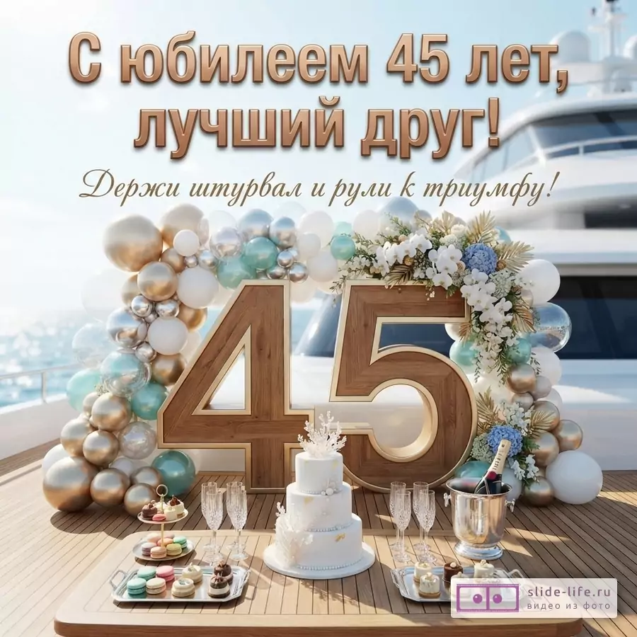 Открытка с юбилеем 45 лет другу. На фоне яхты золотые и серебряные шары, цифры 45, торт, десерты. Текст: «С юбилеем 45 лет, лучший друг! Держи штурвал и рули к триумфу!»