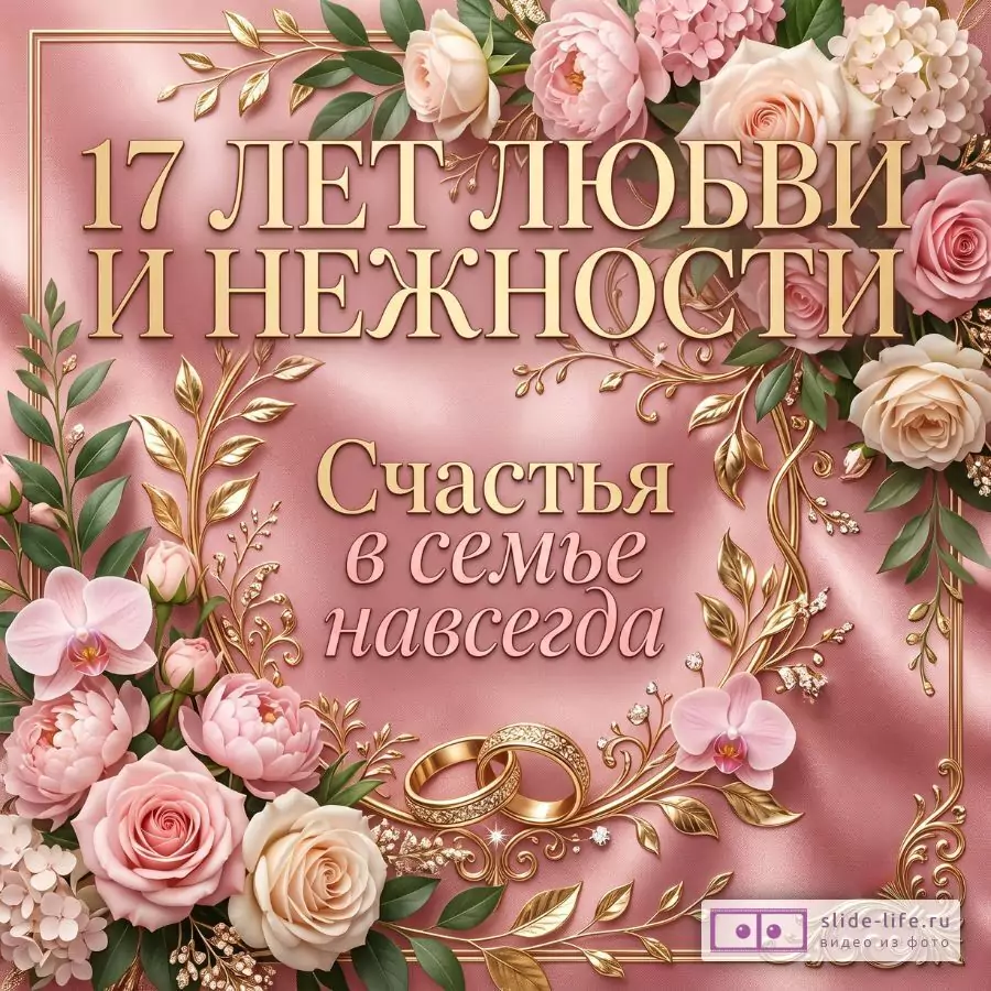 Розовый шелковый фон, золотой орнамент, розы, пионы, орхидеи, зеленые листья и обручальные кольца. Текст: «17 ЛЕТ ЛЮБВИ И НЕЖНОСТИ», «Счастья в семье навсегда».