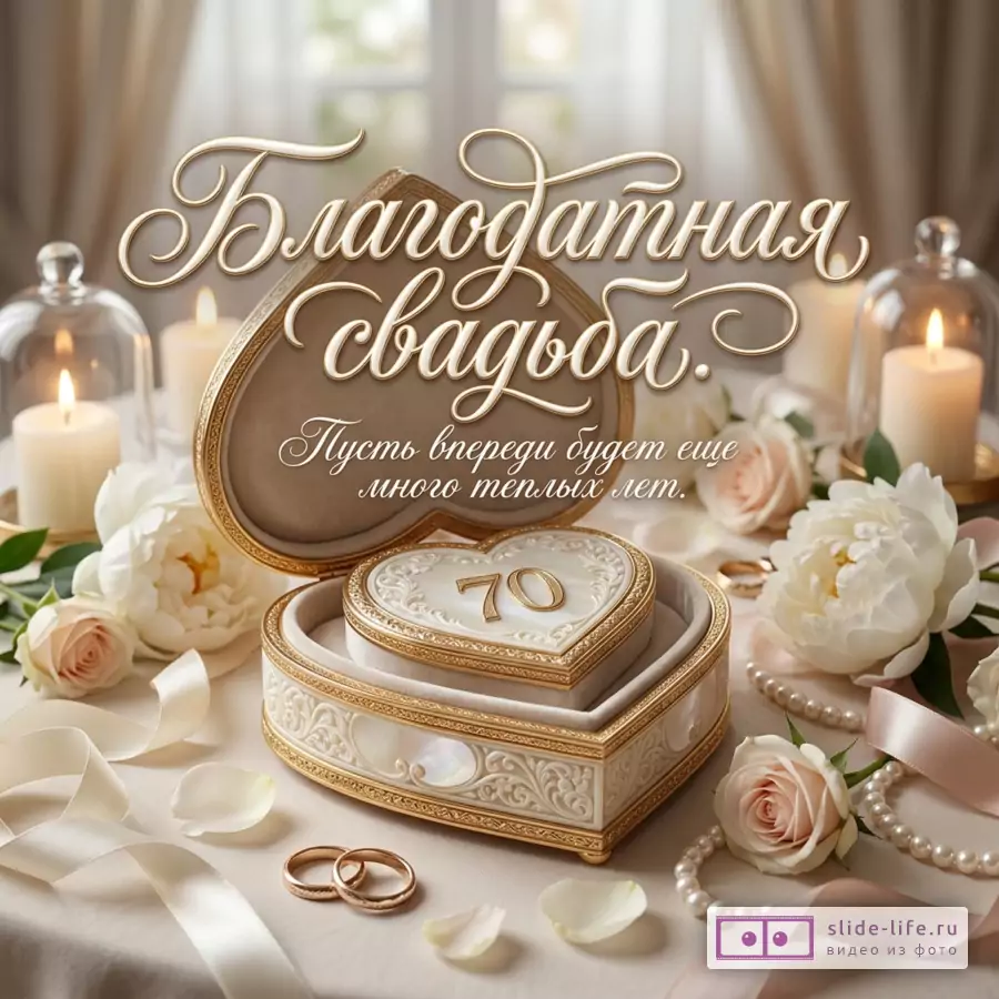 Свадебная открытка в бежево-кремовых тонах с цветами, свечами, лентами, жемчугом, кольцами и шкатулкой в форме сердца с числом «70», текст «Благодатная свадьба. Пусть впереди будет еще много теплых лет.»