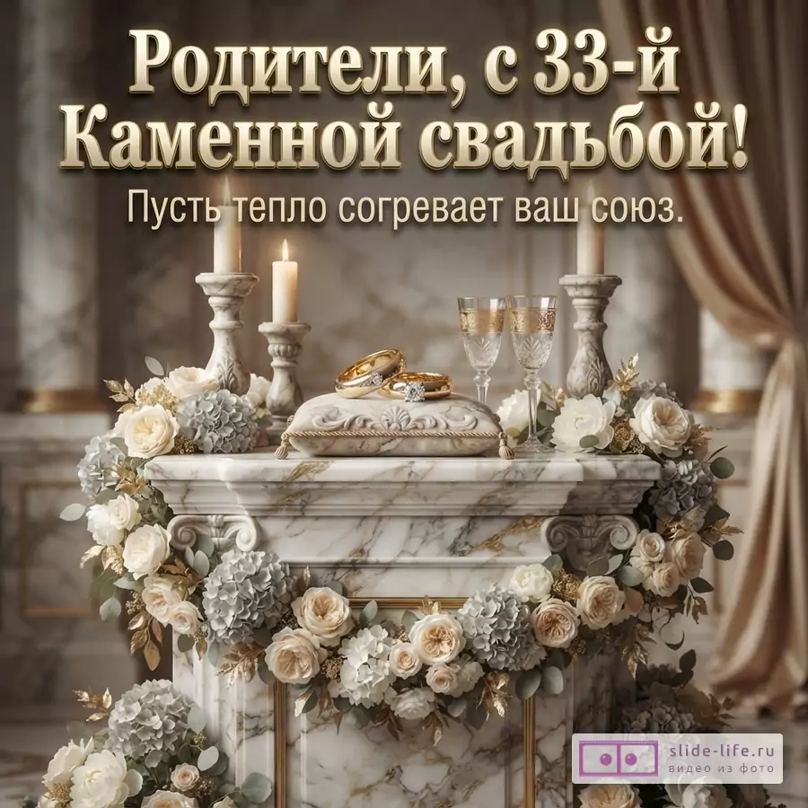 Изображение с мраморным камином, украшенным цветами и свечами. На камине лежат обручальные кольца на подушечке и два бокала. Фон бежевый. Текст: «Родители, с 33-й Каменной свадьбой! Пусть тепло согревает ваш союз.»