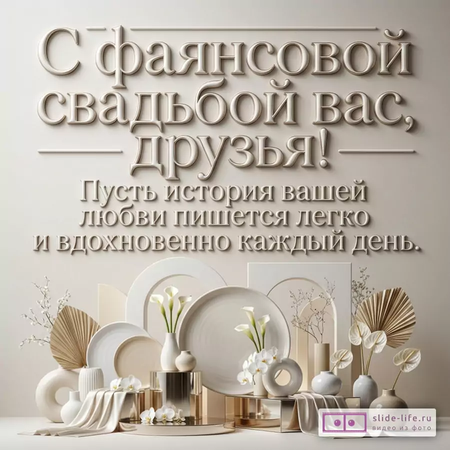 Открытка на фаянсовую свадьбу 9 лет с пожеланием вдохновенной истории любви