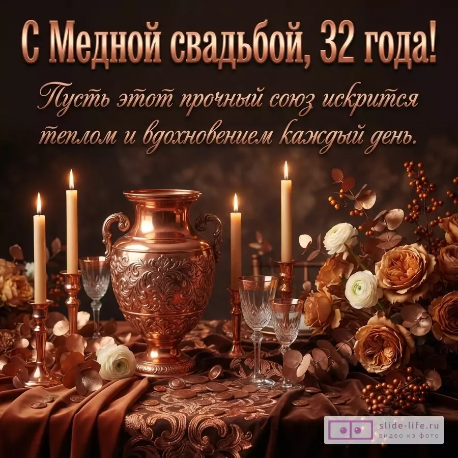 Темный фон, медная ваза, свечи, цветы, монеты. Текст: «С Медной свадьбой, 32 года! Пусть этот прочный союз искрится теплом и вдохновением каждый день.»