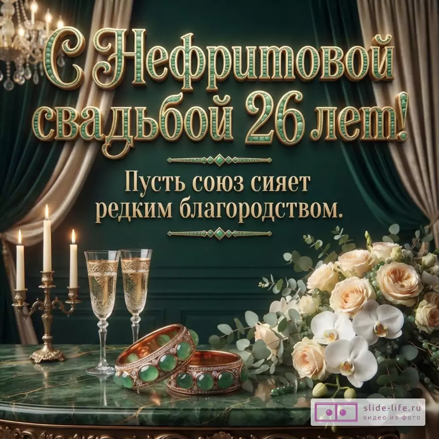 Изумрудный фон, горящие свечи в подсвечнике, два бокала, браслеты с нефритом, букет цветов и надпись «С Нефритовой свадьбой 26 лет! Пусть союз сияет редким благородством.»