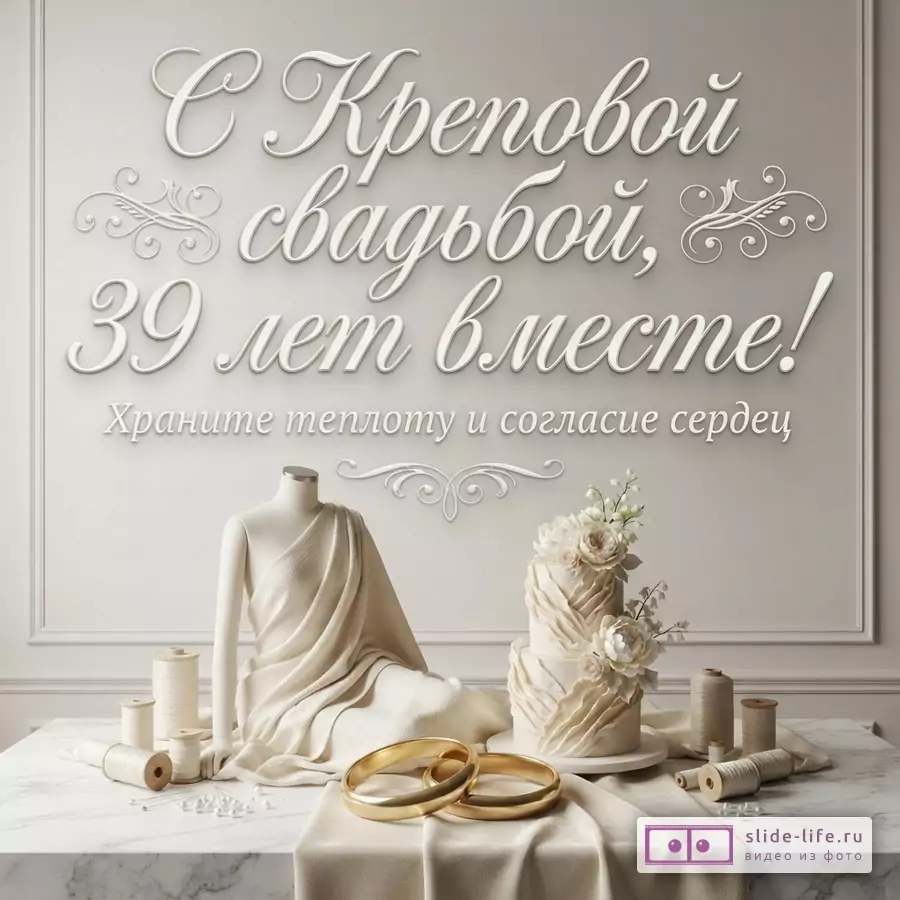 Бежевый фон, белые буквы, манекен, нитки, торт, обручальные кольца. Надпись: «С Креповой свадьбой, 39 лет вместе! Храните теплоту и согласие сердец»
