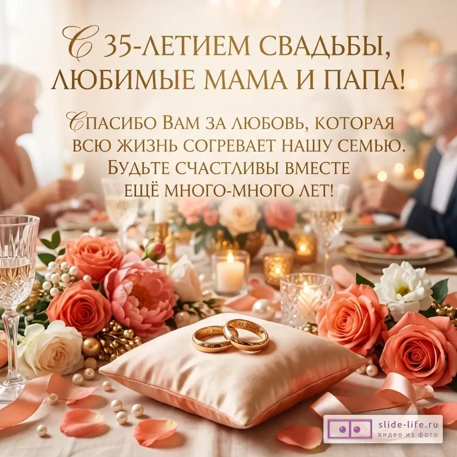 Теплая бежево-розовая открытка с цветами, свечами, бокалами и кольцами; текст «С 35-ЛЕТИЕМ СВАДЬБЫ, ЛЮБИМЫЕ МАМА И ПАПА!»
