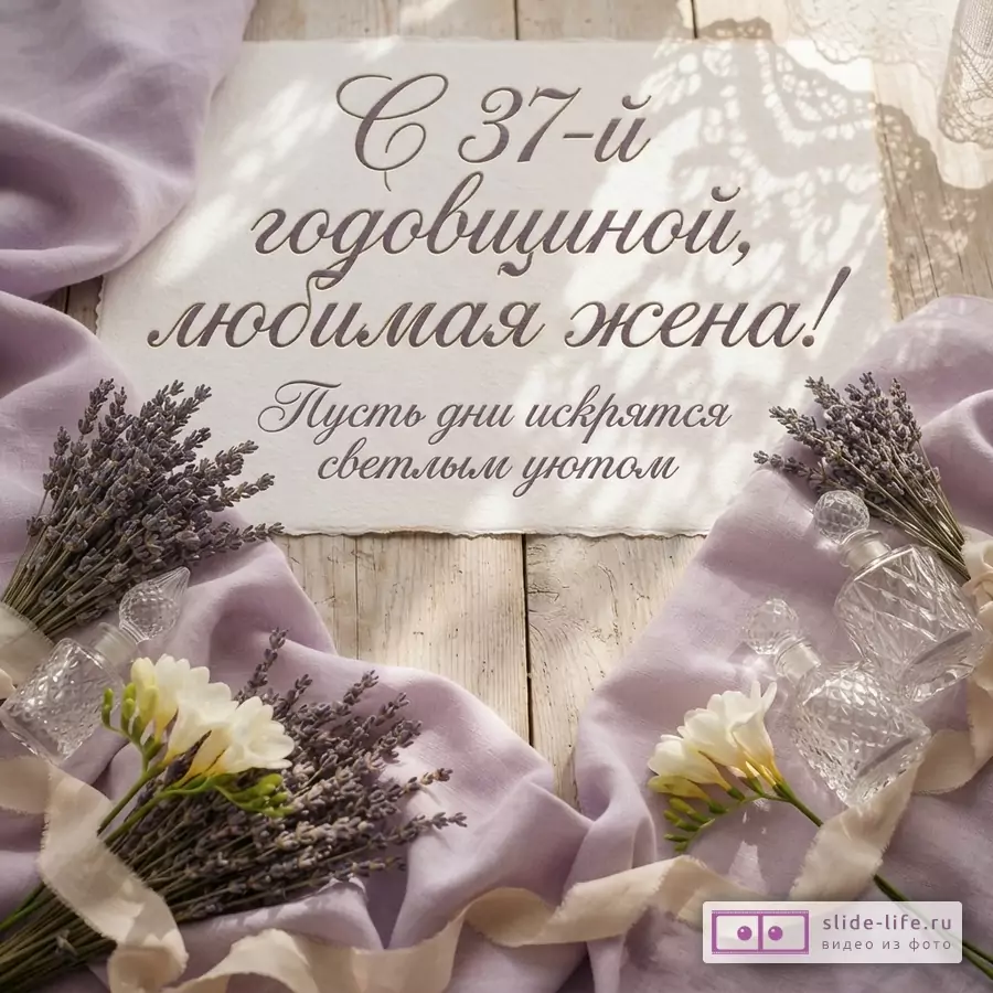 Белый фон, фиолетовая ткань, букеты лаванды, белые цветы, стеклянные флаконы, ленты. Текст: «С 37-й годовщиной, любимая жена! Пусть дни искрятся светлым уютом»