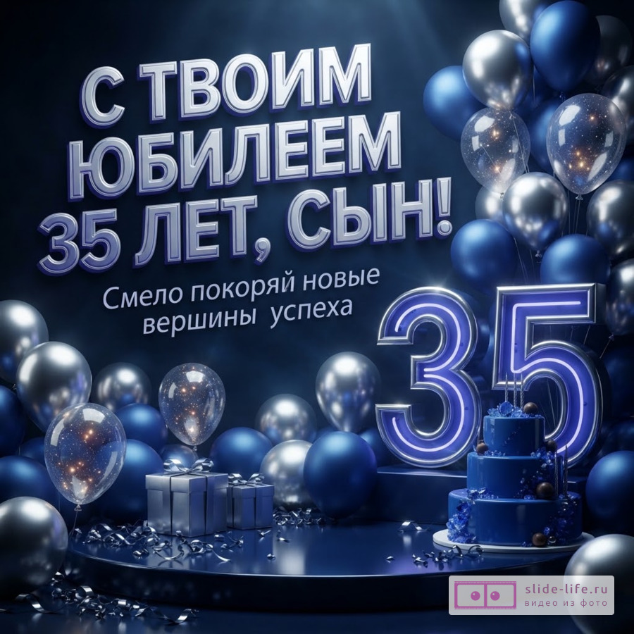 Синий праздничный торт, подарки, серебряные и синие воздушные шары, светящаяся цифра 35 и надпись «С твоим юбилеем 35 лет, сын! Смело покоряй новые вершины успеха».