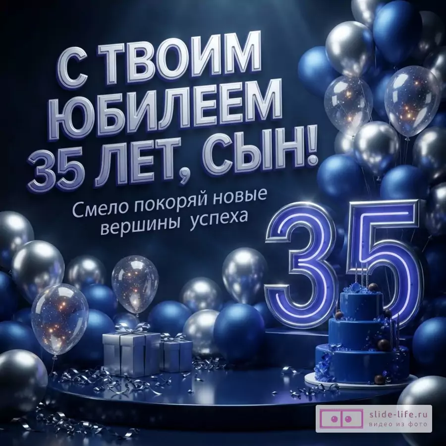 Синий праздничный торт, подарки, серебряные и синие воздушные шары, светящаяся цифра 35 и надпись «С твоим юбилеем 35 лет, сын! Смело покоряй новые вершины успеха».