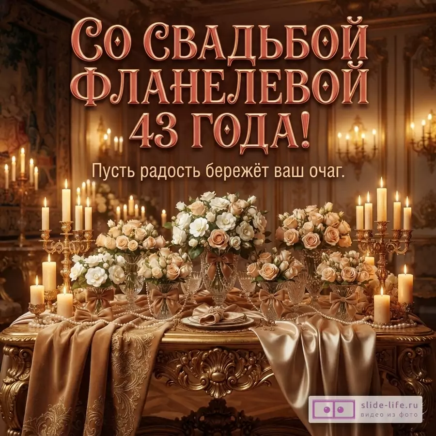 Стол с золотой скатертью, свечи в подсвечниках, букеты роз, жемчужные бусы. Текст: «Со свадьбой Фланелевой 43 года! Пусть радость бережёт ваш очаг.»