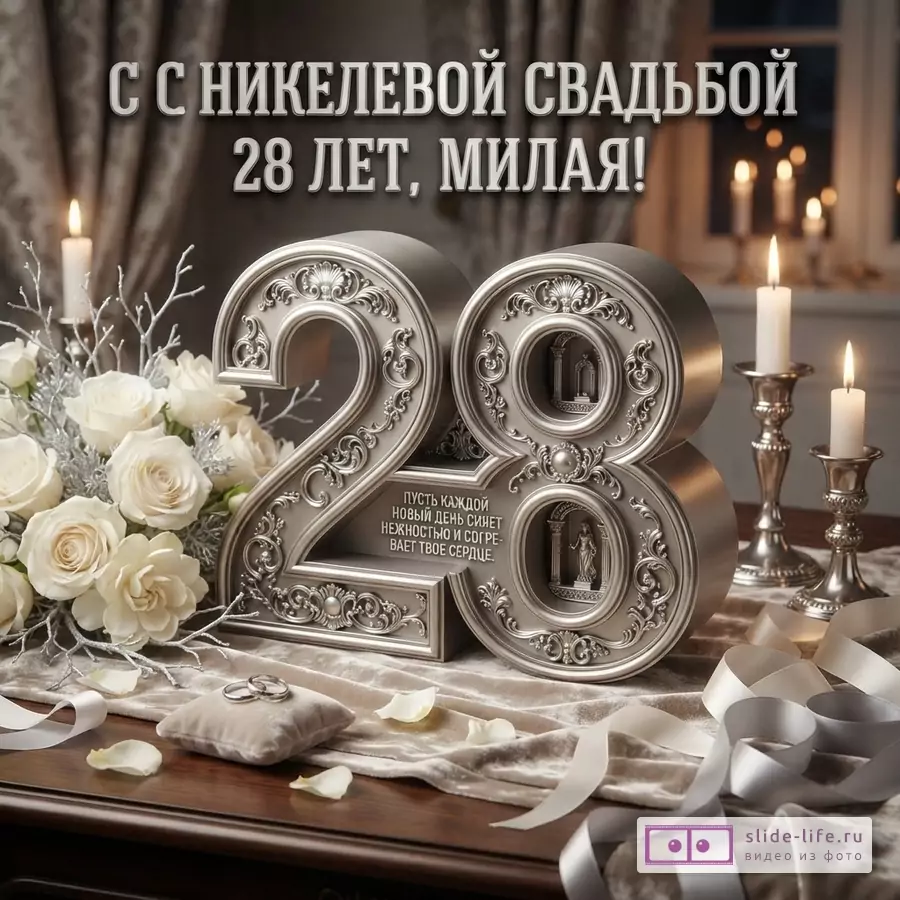 Открытка с никелевой свадьбой, фон бежевый, на переднем плане цифры «28» серебристого цвета, букет белых роз, свечи, кольца на подушечке. Текст: «С никелевой свадьбой 28 лет, милая! Пусть каждый новый день сияет нежностью и согревает твое сердце.»