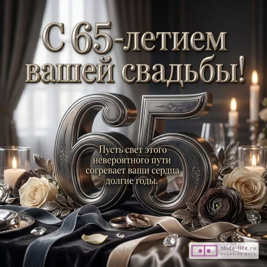 Открытка с текстом «С 65-летием вашей свадьбы! Пусть свет этого невероятного пути согревает ваши сердца долгие годы.», темный интерьер, крупное число 65, свечи, розы, кольца, ленты, сервировка
