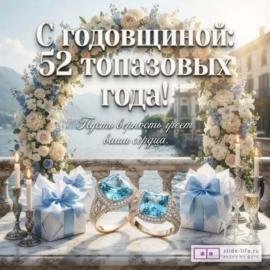 Арка из белых и голубых цветов, на переднем плане два кольца с голубыми камнями, подарки, свечи и бокалы. Текст: «С годовщиной: 52 топазовых года! Пусть верность греет ваши сердца.»