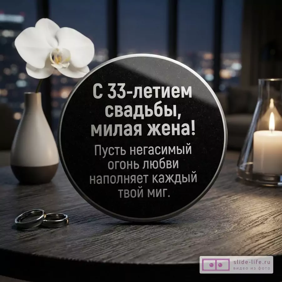 Круглая черная табличка с серебристой рамкой на деревянном столе, на табличке текст: «С 33-летием свадьбы, милая жена! Пусть негасимый огонь любви наполняет каждый твой миг.». Рядом белая орхидея в вазе, два обручальных кольца и горящая свеча.