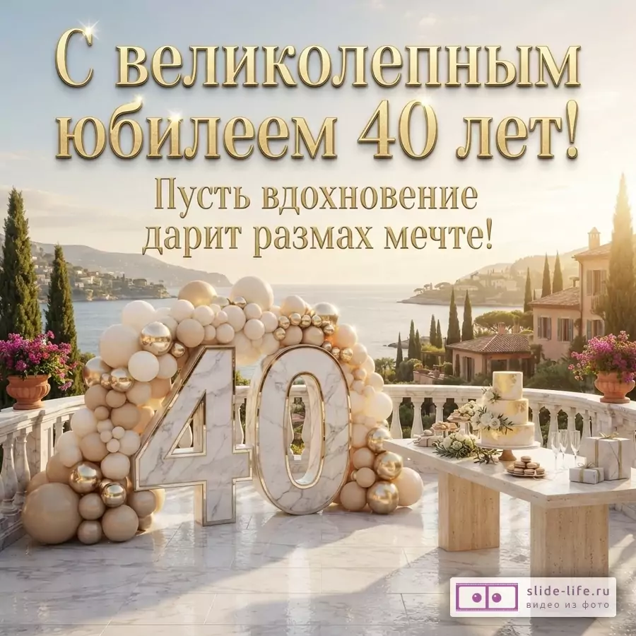 Открытка с видом на море и виллы, на переднем плане мраморные цифры «40» в арке из бежевых и золотых шаров, рядом стол с тортом и подарками. Текст: «С великолепным юбилеем 40 лет! Пусть вдохновение дарит размах мечте!»
