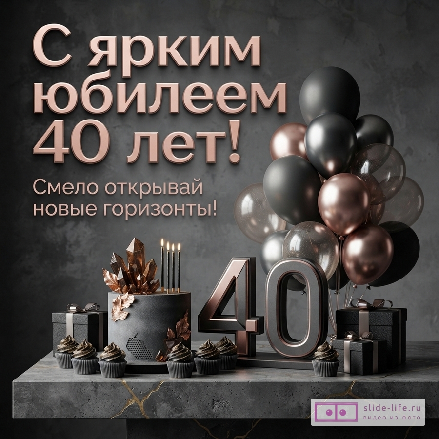 Открытка с юбилеем 40 лет. Фон темно-серый. Текст «С ярким юбилеем 40 лет! Смело открывай новые горизонты!» выполнен золотисто-розовым цветом. Внизу торт, кексы, подарки, воздушные шары черного и золотисто-розового цвета, цифры 40.