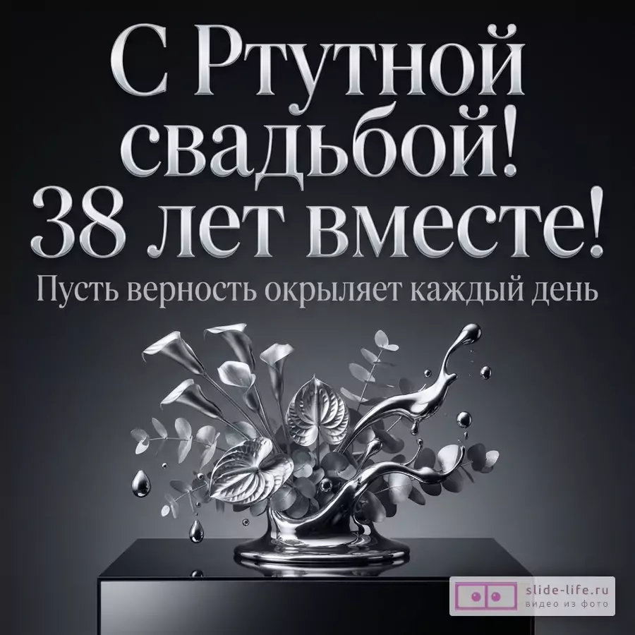 Темно-серый фон, серебряные буквы, серебряные цветы и брызги ртути на черном постаменте. Текст: «С Ртутной свадьбой! 38 лет вместе! Пусть верность окрыляет каждый день.»