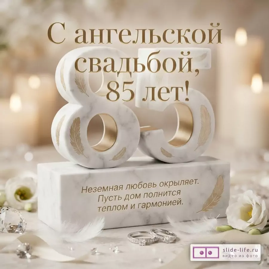 Мраморная цифра 85 на постаменте с перьями, обручальные кольца и свечи, текст «С ангельской свадьбой, 85 лет! Неземная любовь окрыляет. Пусть дом полнится теплом и гармонией.»