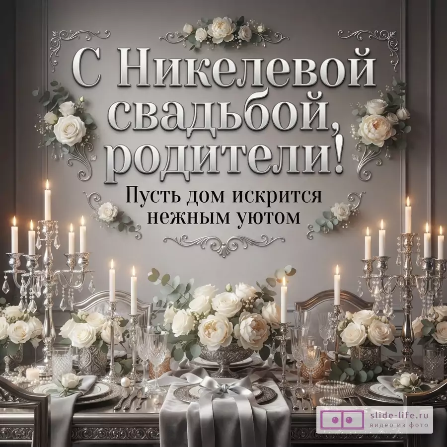 Серая открытка с серебряными узорами, белыми розами и свечами. Текст: «С Никелевой свадьбой, родители! Пусть дом искрится нежным уютом»