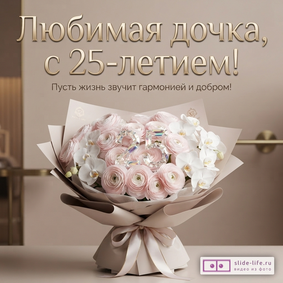 Пышный букет из светлых ранункулюсов и белых орхидей с хрустальной цифрой 25 на бежевом фоне с текстом «Любимая дочка, с 25-летием! Пусть жизнь звучит гармонией и добром!»
