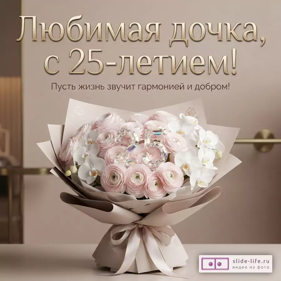 Пышный букет из светлых ранункулюсов и белых орхидей с хрустальной цифрой 25 на бежевом фоне с текстом «Любимая дочка, с 25-летием! Пусть жизнь звучит гармонией и добром!»