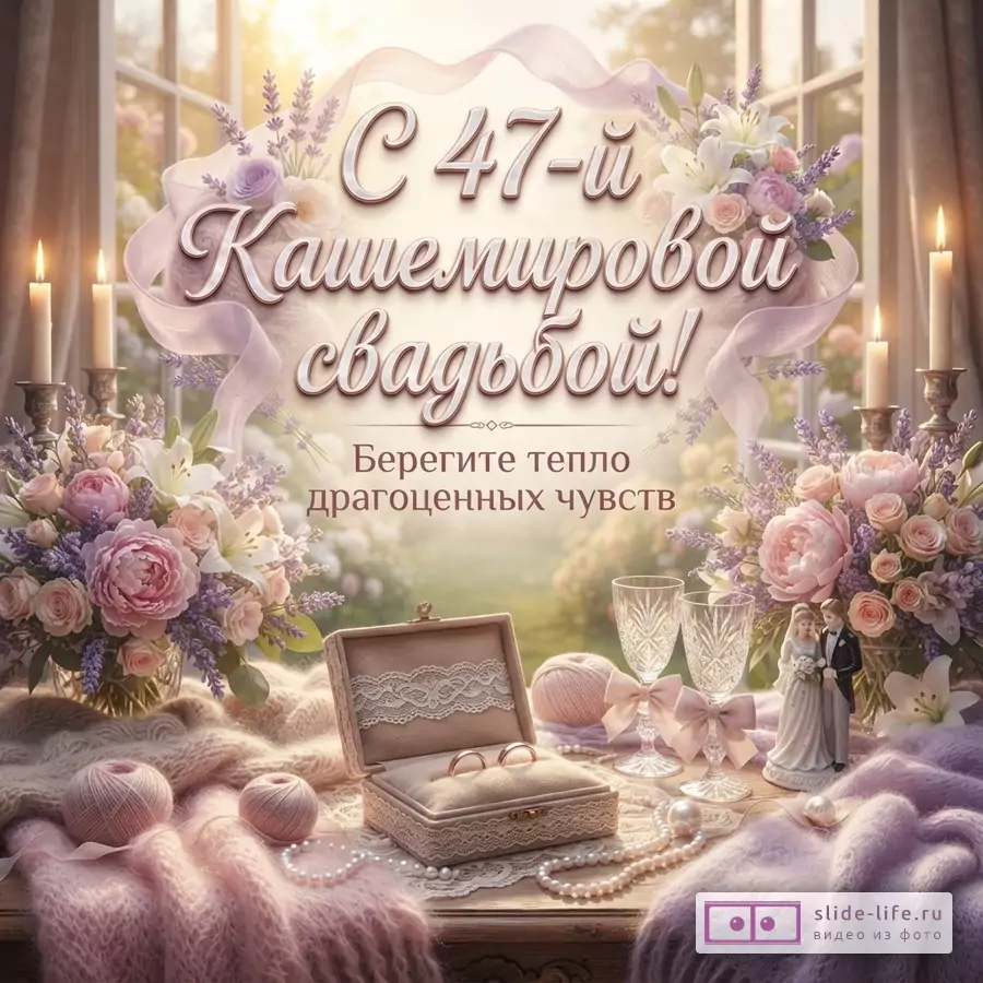 Открытка с надписью «С 47-й Кашемировой свадьбой! Берегите тепло драгоценных чувств» на фоне окна, украшенного цветами лаванды, лилий и роз, с горящими свечами, шкатулкой с кольцами, бокалами и статуэткой молодоженов, розовыми вязаными пледами и клубками пряжи.