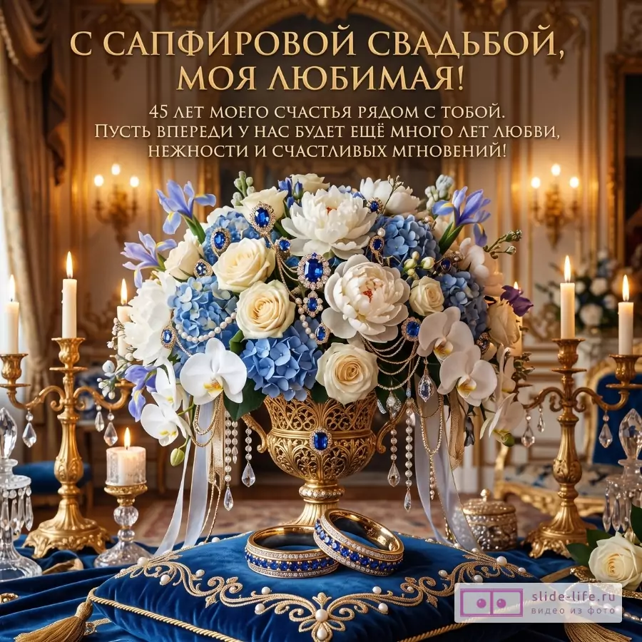 Текст: «С САПФИРОВОЙ СВАДЬБОЙ, МОЯ ЛЮБИМАЯ! 45 ЛЕТ МОЕГО СЧАСТЬЯ РЯДОМ С ТОБОЙ. ПУСТЬ ВПЕРЕДИ У НАС БУДЕТ ЕЩЕ МНОГО ЛЕТ ЛЮБВИ, НЕЖНОСТИ И СЧАСТЛИВЫХ МГНОВЕНИЙ!». Золотой интерьер, синие и белые цветы, свечи, кольца, синий бархат.