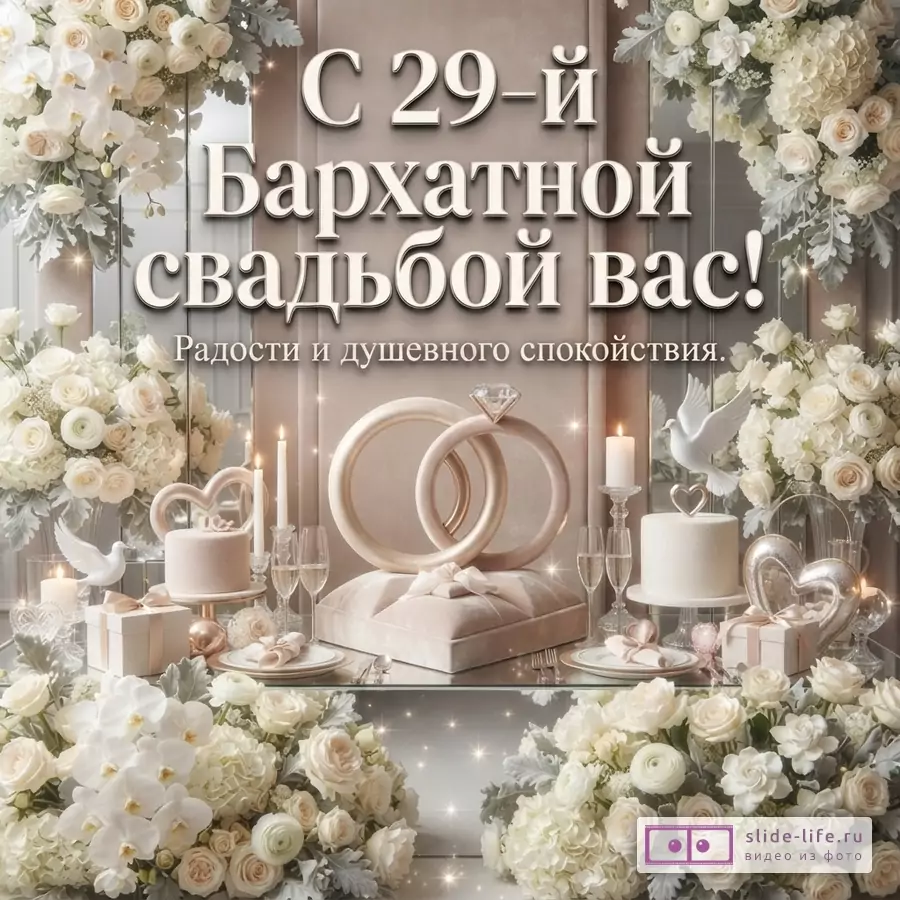 Бежево-белая праздничная открытка с цветами, свечами, кольцами и сердцами. Текст: «С 29-й Бархатной свадьбой вас! Радости и душевного спокойствия.»