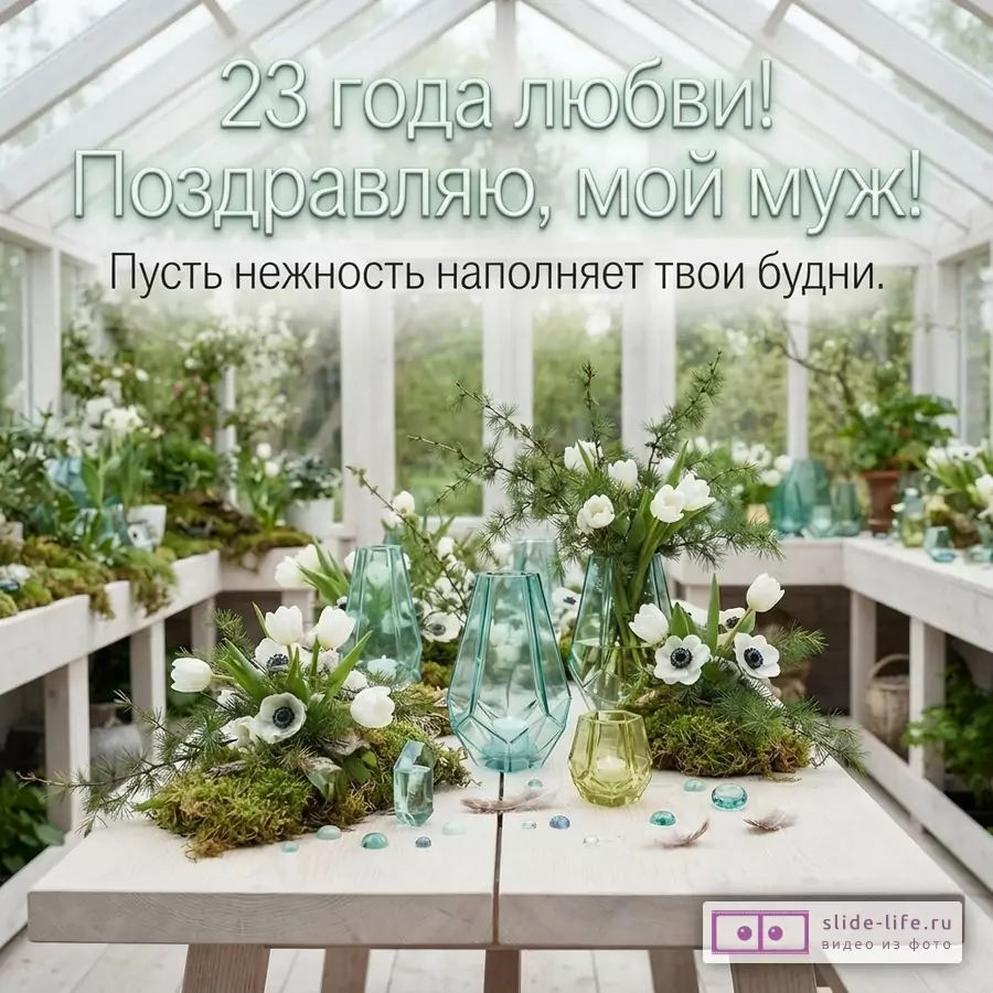 Стеклянная оранжерея со столом, украшенным белыми цветами, мхом и гранеными бирюзовыми вазами, надпись «23 года любви! Поздравляю, мой муж! Пусть нежность наполняет твои будни.»