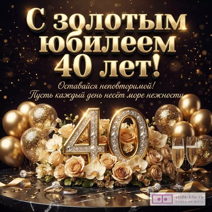 Черный фон с золотыми блестками. В центре золотые объемные буквы «С золотым юбилеем 40 лет!». Ниже курсивом «Оставайся неповторимой! Пусть каждый день несёт море нежности». Внизу композиция из золотых шаров, роз, орхидей, колец с бриллиантами, лент, бокалов с шампанским и большой цифры «40», украшенной стразами.
