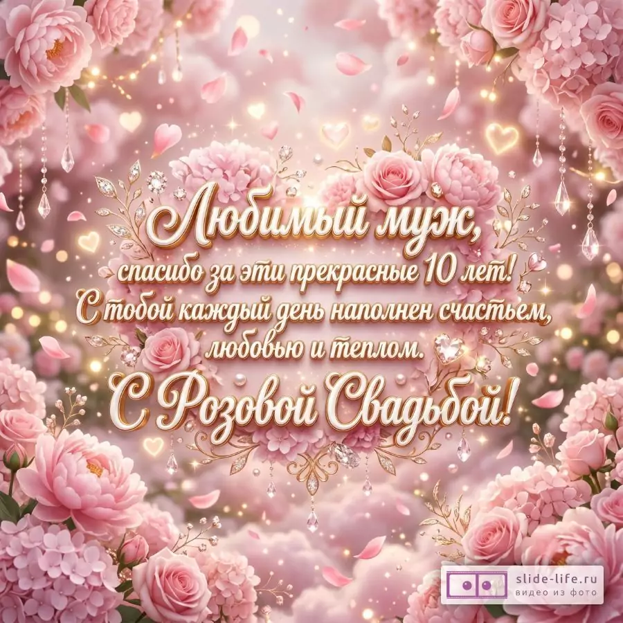 С Розовой Свадьбой, мой любимый муж! Красивое поздравление от жены на 10 лет свадьбы