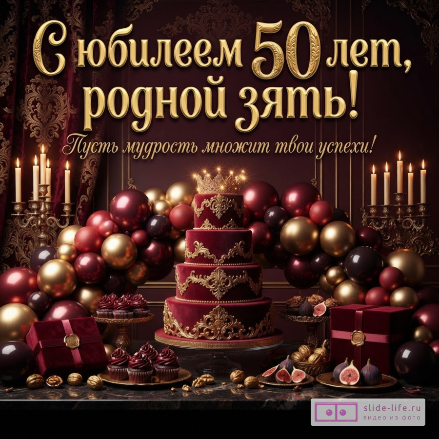 Открытка с бордовым фоном, золотыми шарами и свечами. В центре многоярусный торт бордового цвета с золотым декором и короной. Текст: «С юбилеем 50 лет, родной зять! Пусть мудрость множит твои успехи!»