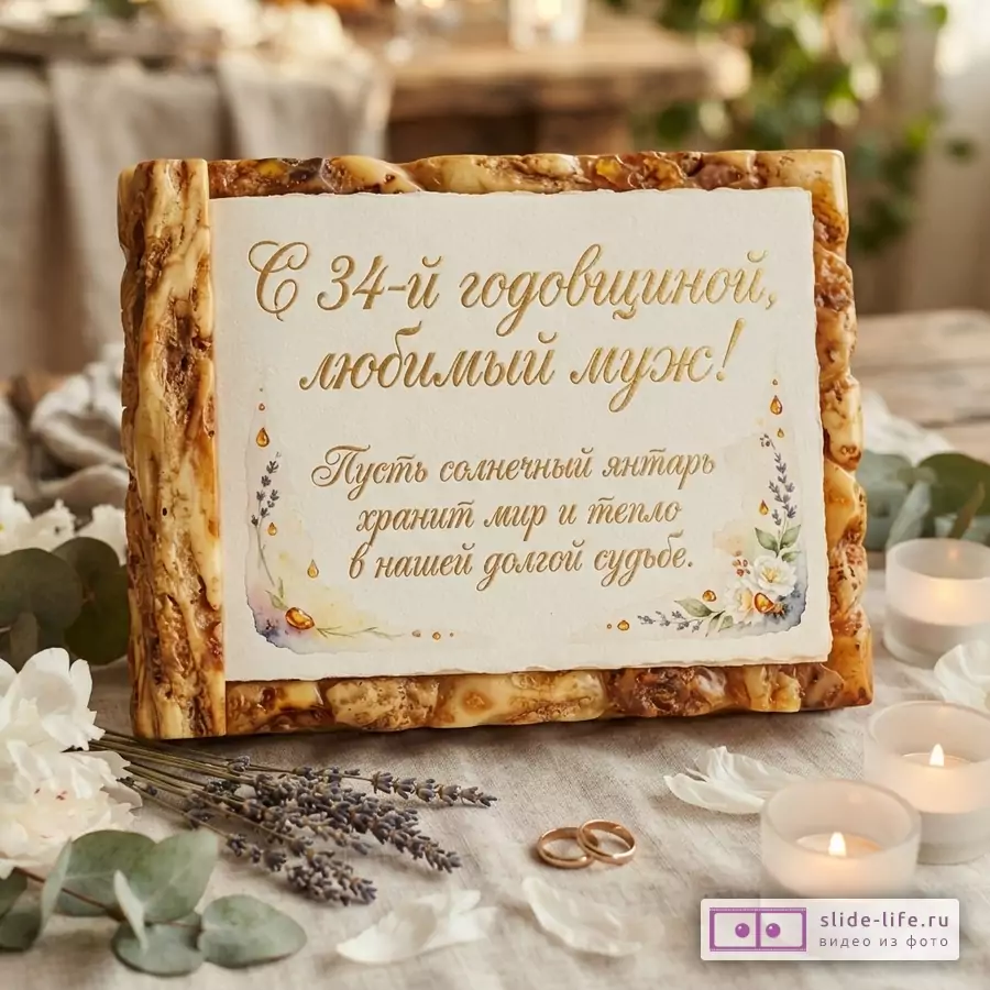 Открытка с янтарной рамкой и надписью «С 34-й годовщиной, любимый муж! Пусть солнечный янтарь хранит мир и тепло в нашей долгой судьбе» на бежевом фоне со свечами и цветами.