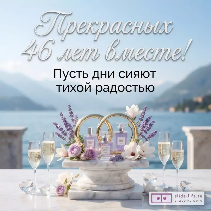 Открытка с видом на озеро и горы, на переднем плане мраморная подставка с парфюмом, лавандой, цветами магнолии и розами, два бокала шампанского, два стеклянных сердца. Текст: «Прекрасных 46 лет вместе! Пусть дни сияют тихой радостью»