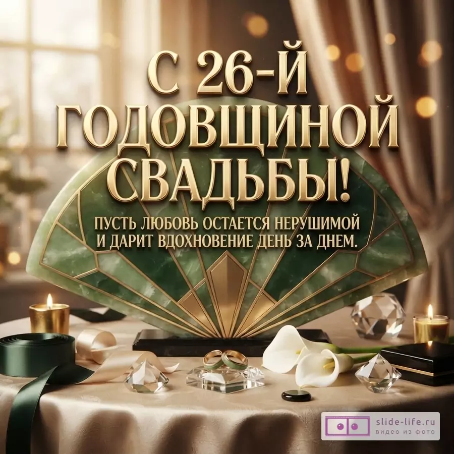 Золотистый текст «С 26-й годовщиной свадьбы! Пусть любовь остается нерушимой и дарит вдохновение день за днем.» на фоне зеленого веера, свечей и колец.