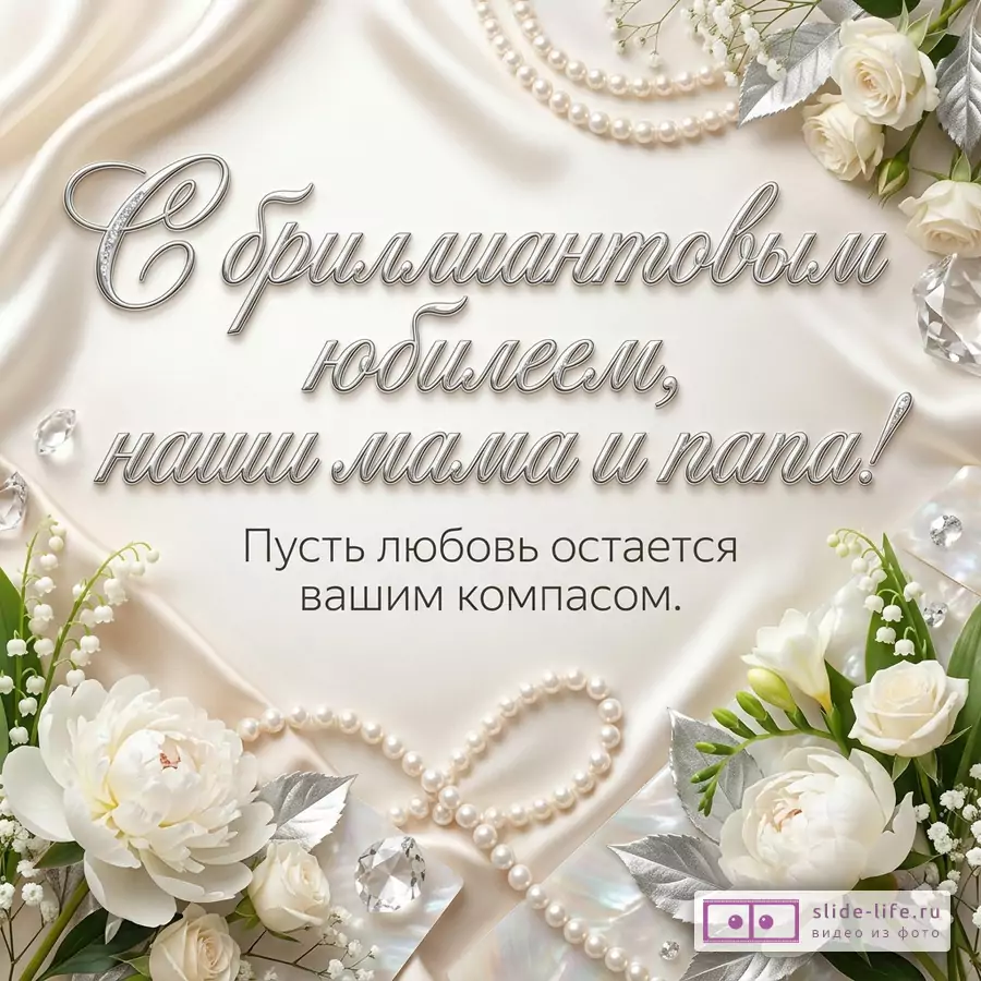 Белая открытка с шелковым фоном, жемчужными бусами в форме сердца, белыми розами и пионами, кристаллами, текстом «С бриллиантовым юбилеем, наши мама и папа! Пусть любовь остается вашим компасом.»