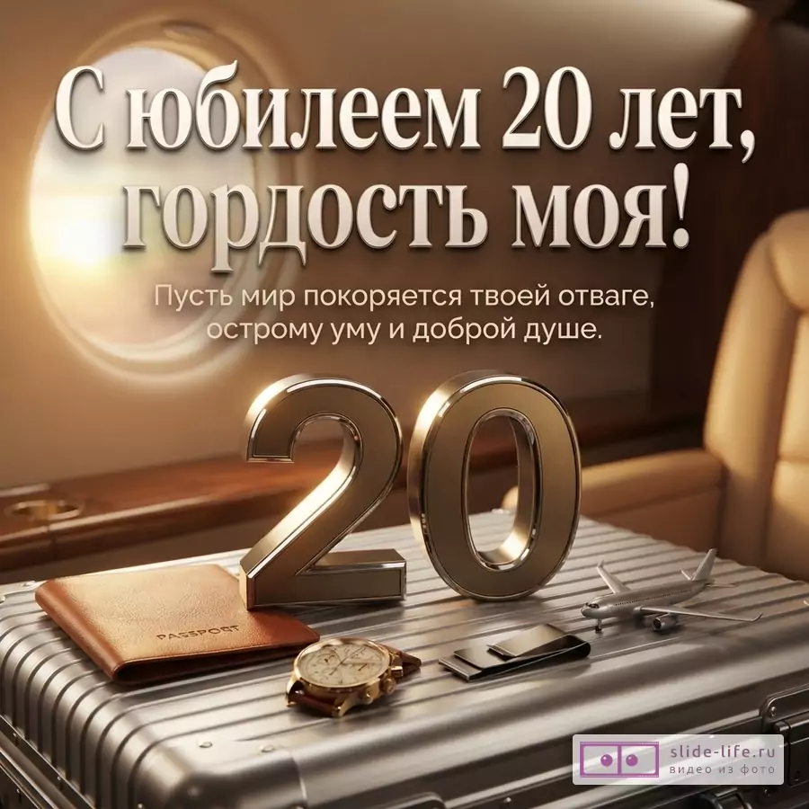 Объемная цифра 20 на чемодане в салоне самолета с часами и паспортом, текст: «С юбилеем 20 лет, гордость моя! Пусть мир покоряется твоей отваге, острому уму и доброй душе.»